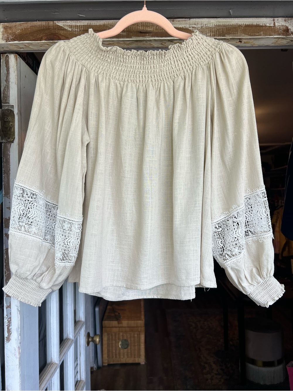 CeCe Cream Smocked Peasant Blouse with Lace Sleeves